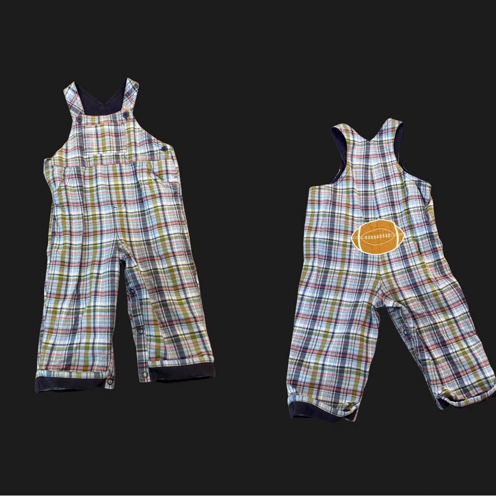 Vintage Hartstrings Plaid Kids Football Fleece Lined Overalls 24‎ months